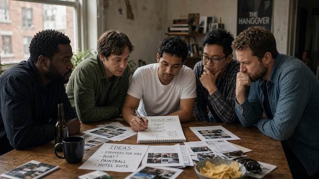 A group of men planning a bachelor party