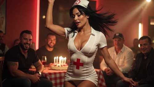 A female stripper, dressed as a nurse, dances for a group celebrating a birthday party