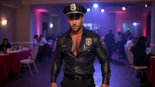 A male stripper dressed as a cop getting ready to dance for a party